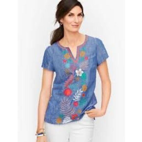 Talbots Embroidered Linen Blend Top Sz L Petite Floral Boho - Picture 1 of 10